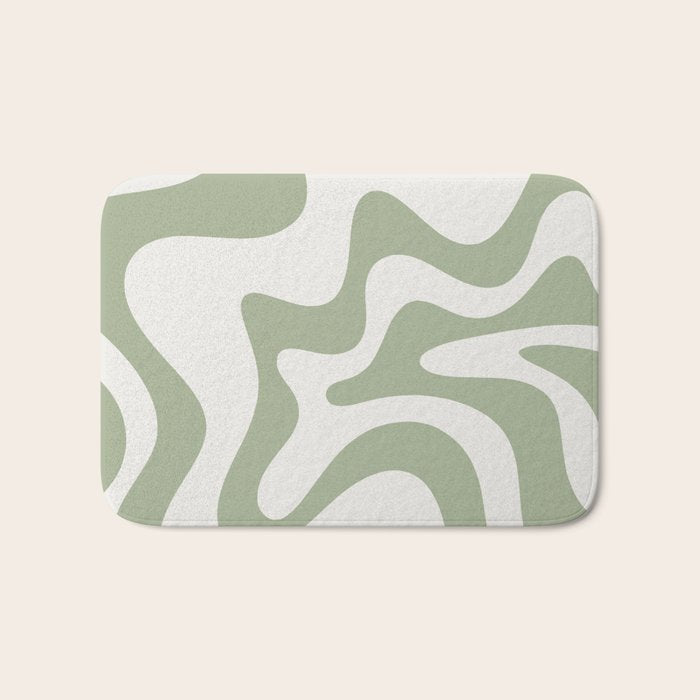 Retro Liquid Swirl Abstract Pattern Square Sage Green and Nearly White Bath Mat Gallery Image 1