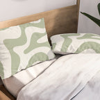 Retro Liquid Swirl Abstract Pattern Square Sage Green and Nearly White Pillow Sham Gallery Image 2