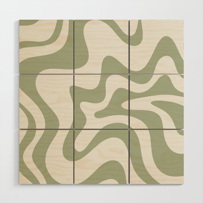 Retro Liquid Swirl Abstract Pattern Square Sage Green and Nearly White Wood Wall Art Gallery Image 1