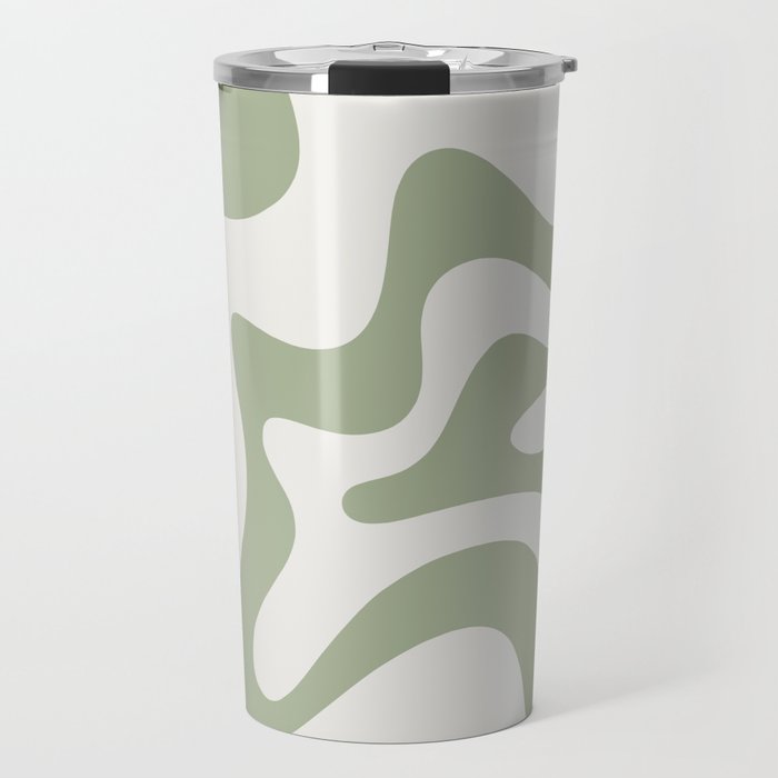 Retro Liquid Swirl Abstract Pattern Square Sage Green and Nearly White Travel Mug Gallery Image 1