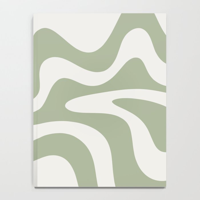 Retro Liquid Swirl Abstract Pattern Square Sage Green and Nearly White Notebook Gallery Image 4