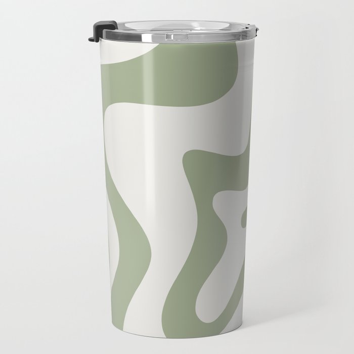 Retro Liquid Swirl Abstract Pattern Square Sage Green and Nearly White Travel Mug Gallery Image 3