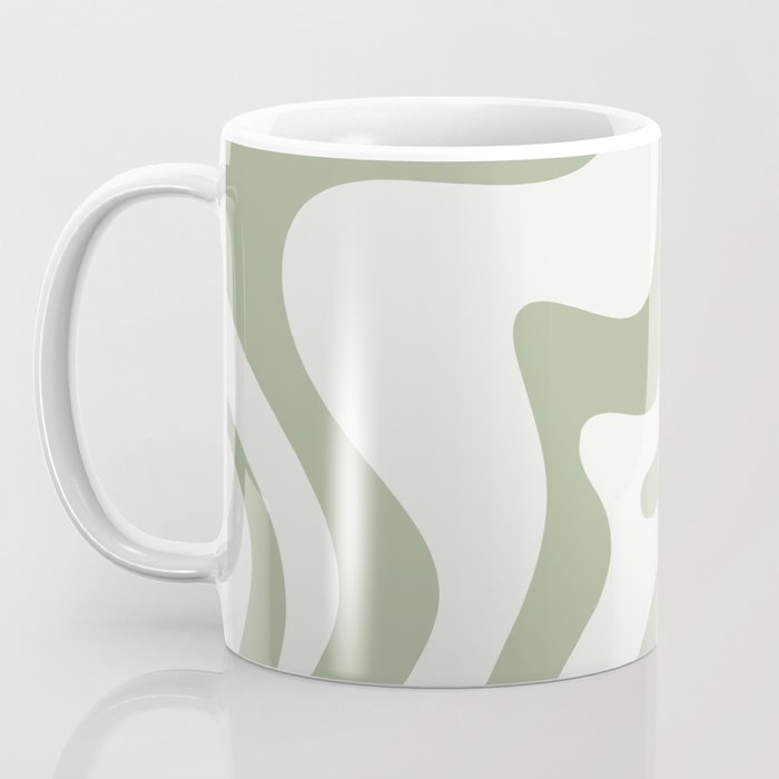 Retro Liquid Swirl Abstract Pattern Square Sage Green and Nearly White Coffee Mug Gallery Image 3