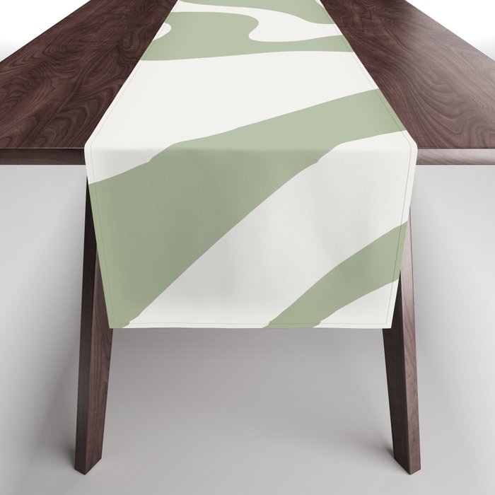 Retro Liquid Swirl Abstract Pattern Square Sage Green and Nearly White Table Runner Gallery Image 1