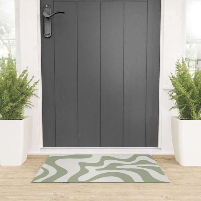 Retro Liquid Swirl Abstract Pattern Square Sage Green and Nearly White Welcome Mat Gallery Image 3