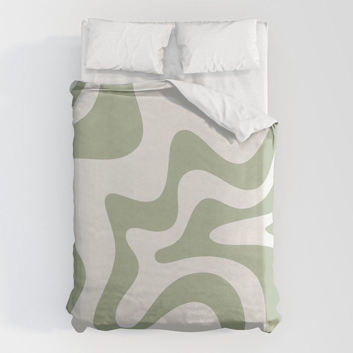 Retro Liquid Swirl Abstract Pattern Square Sage Green and Nearly White Duvet Cover Gallery Image 6