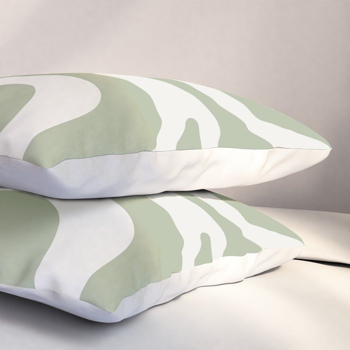 Retro Liquid Swirl Abstract Pattern Square Sage Green and Nearly White Pillow Sham Gallery Image 3