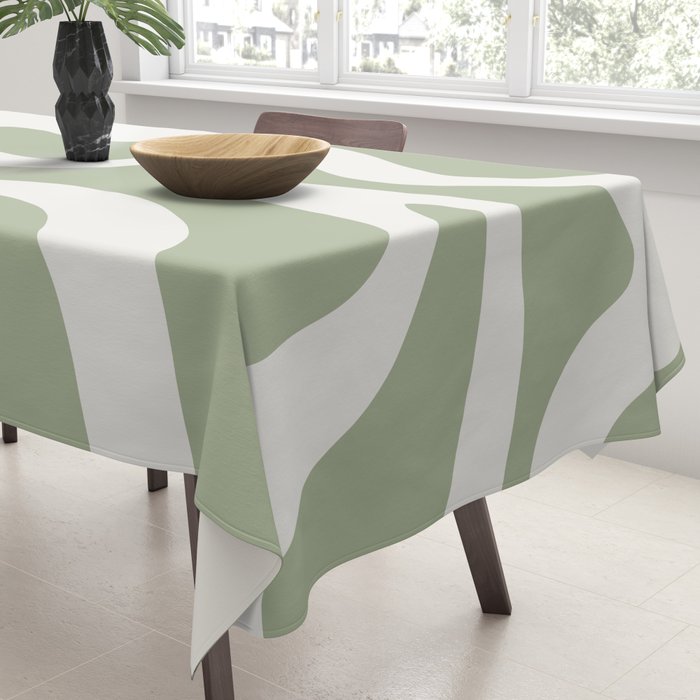 Retro Liquid Swirl Abstract Pattern Square Sage Green and Nearly White Tablecloth Gallery Image 3