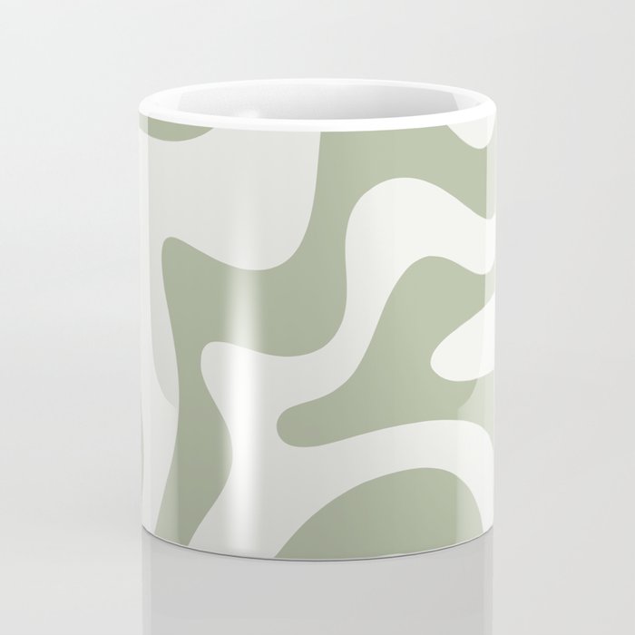 Retro Liquid Swirl Abstract Pattern Square Sage Green and Nearly White Coffee Mug Gallery Image 4