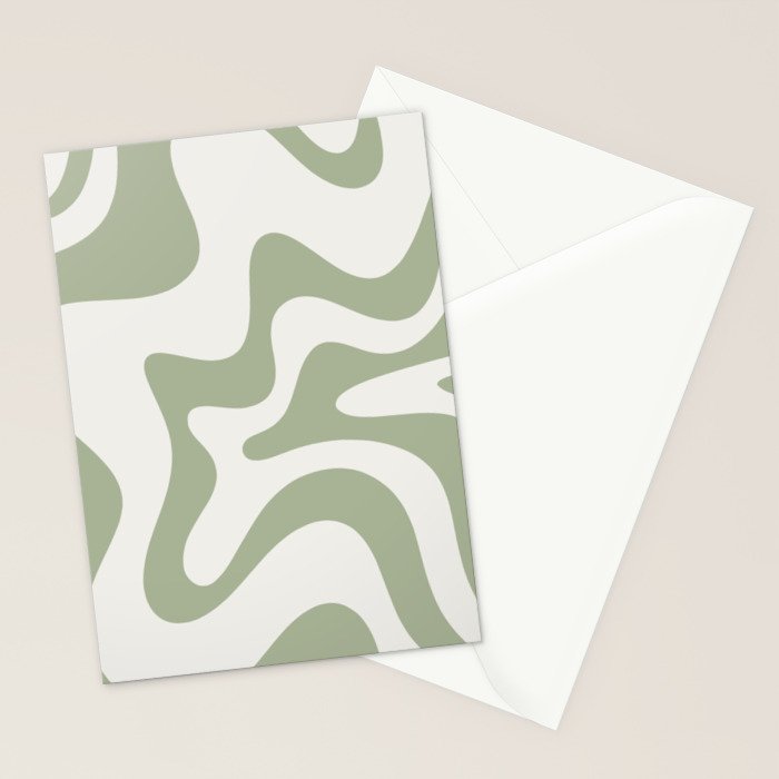 Retro Liquid Swirl Abstract Pattern Square Sage Green and Nearly White Stationery Card Gallery Image 2