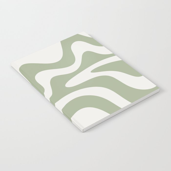 Retro Liquid Swirl Abstract Pattern Square Sage Green and Nearly White Notebook Gallery Image 1