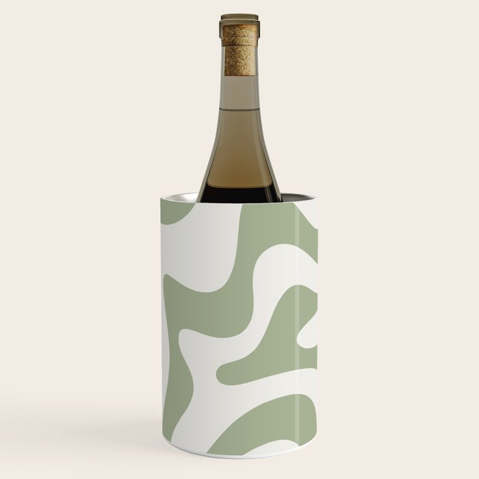 Retro Liquid Swirl Abstract Pattern Square Sage Green and Nearly White Wine Chiller Gallery Image 1