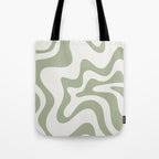 Retro Liquid Swirl Abstract Pattern Square Sage Green and Nearly White Tote Bag Gallery Image 1
