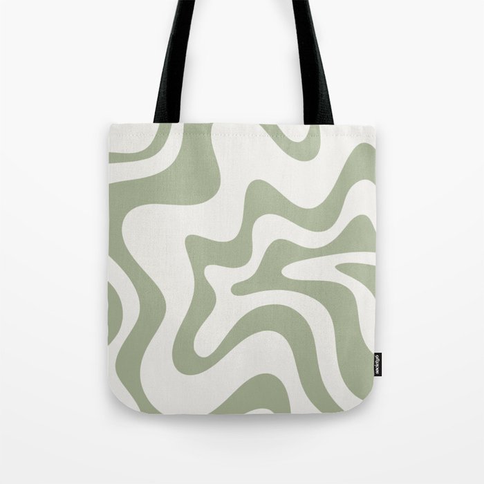 Retro Liquid Swirl Abstract Pattern Square Sage Green and Nearly White Tote Bag Gallery Image 1
