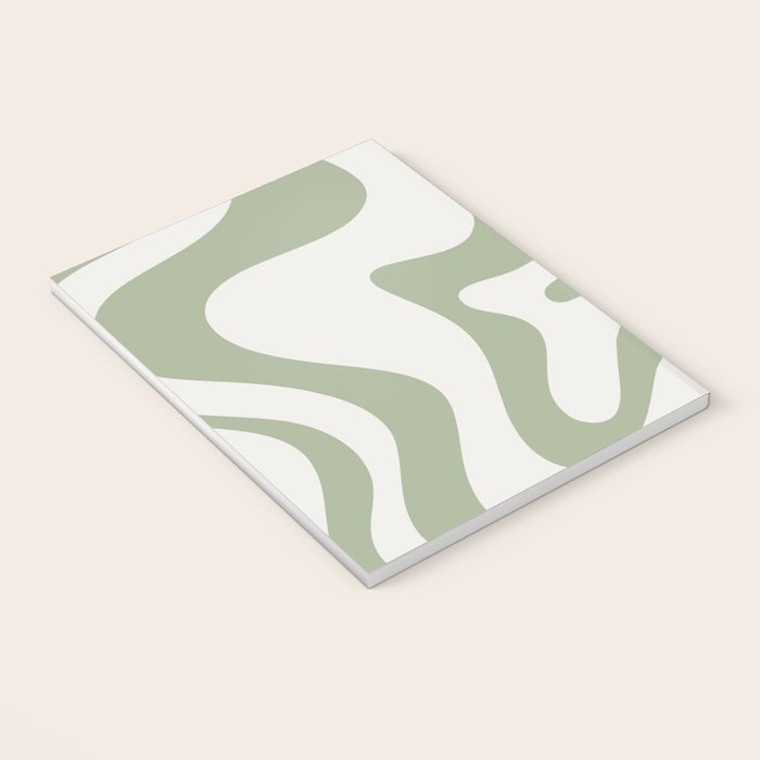 Retro Liquid Swirl Abstract Pattern Square Sage Green and Nearly White Notebook Gallery Image 3