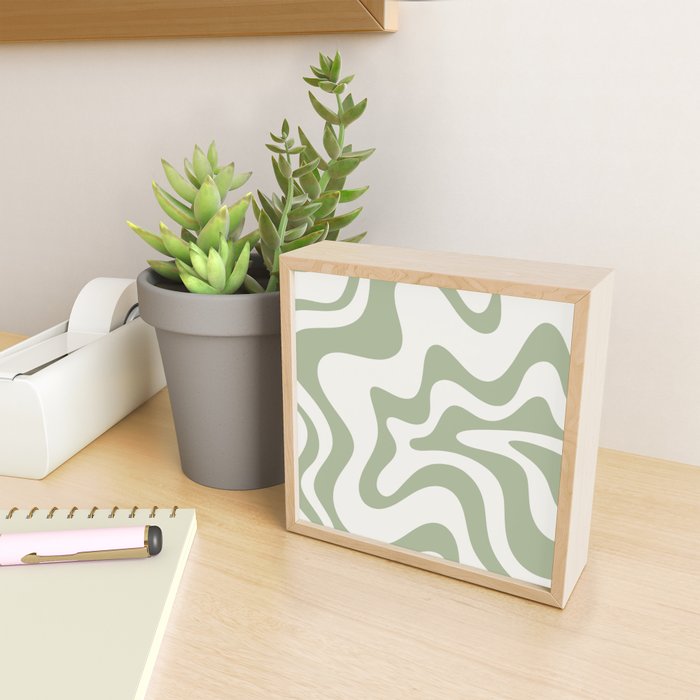 Retro Liquid Swirl Abstract Pattern Square Sage Green and Nearly White Mini Art Print Gallery Image 2