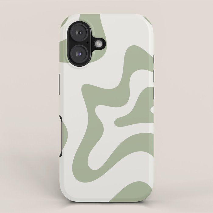 Retro Liquid Swirl Abstract Pattern Square Sage Green and Nearly White iPhone Case Gallery Image 1