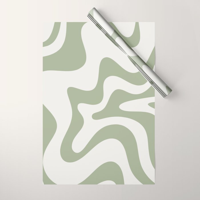 Retro Liquid Swirl Abstract Pattern Square Sage Green and Nearly White Wrapping Paper Gallery Image 1