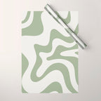 Retro Liquid Swirl Abstract Pattern Square Sage Green and Nearly White Wrapping Paper Gallery Image 1