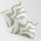 Retro Liquid Swirl Abstract Pattern Square Sage Green and Nearly White Pillow Sham Gallery Image 3