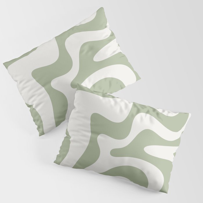 Retro Liquid Swirl Abstract Pattern Square Sage Green and Nearly White Pillow Sham Gallery Image 3