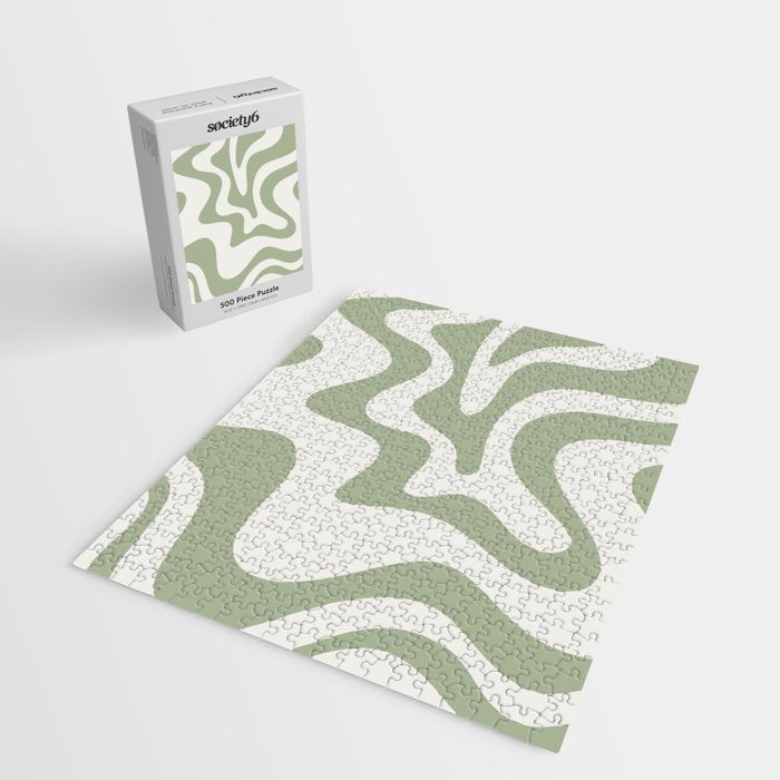 Retro Liquid Swirl Abstract Pattern Square Sage Green and Nearly White Jigsaw Puzzle Gallery Image 2