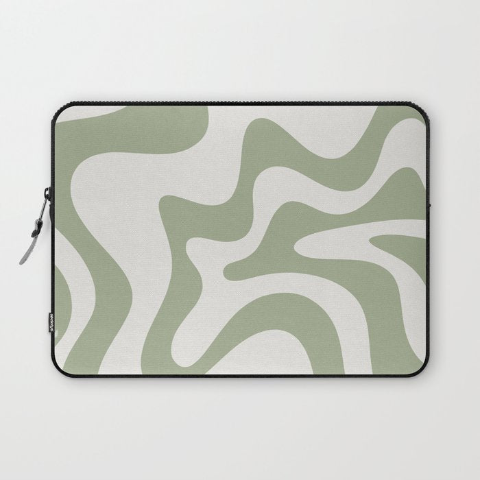 Retro Liquid Swirl Abstract Pattern Square Sage Green and Nearly White Laptop Sleeve Gallery Image 1