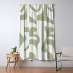 Retro Liquid Swirl Abstract Pattern Square Sage Green and Nearly White Window Curtain Gallery Image 5