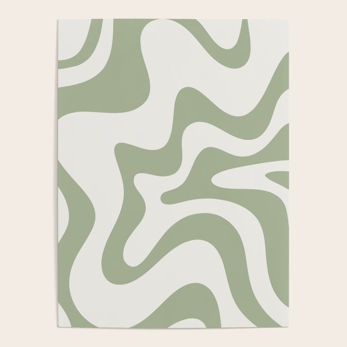 Retro Liquid Swirl Abstract Pattern Square Sage Green and Nearly White Poster Gallery Image 4