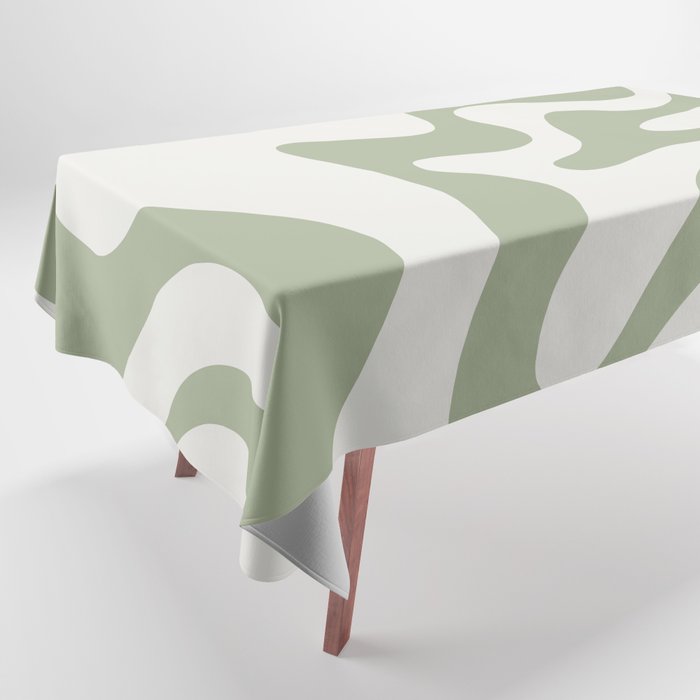 Retro Liquid Swirl Abstract Pattern Square Sage Green and Nearly White Tablecloth Gallery Image 1