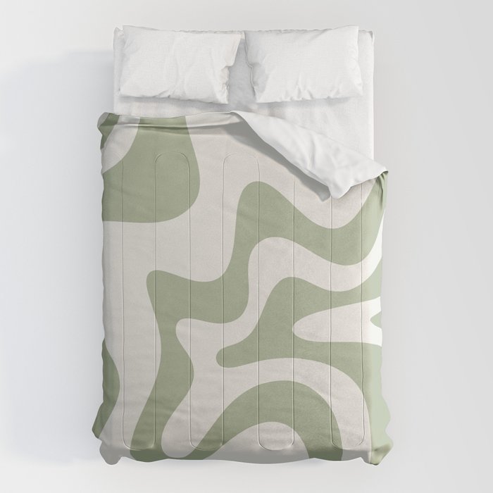Retro Liquid Swirl Abstract Pattern Square Sage Green and Nearly White Comforter Gallery Image 6