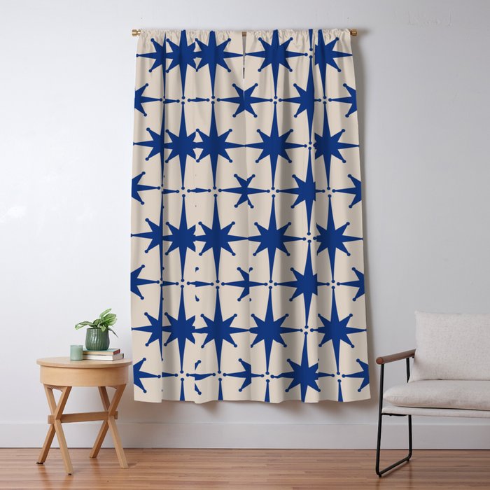  Mid-Century Modern Starburst Pattern 2 in Blue and Stone Window Curtain Gallery Image 1