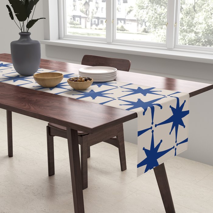  Mid-Century Modern Starburst Pattern 2 in Blue and Stone Table Runner Gallery Image 2