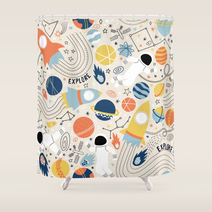 Space Planets Astronaut Pattern Shower Curtain Gallery Image 1