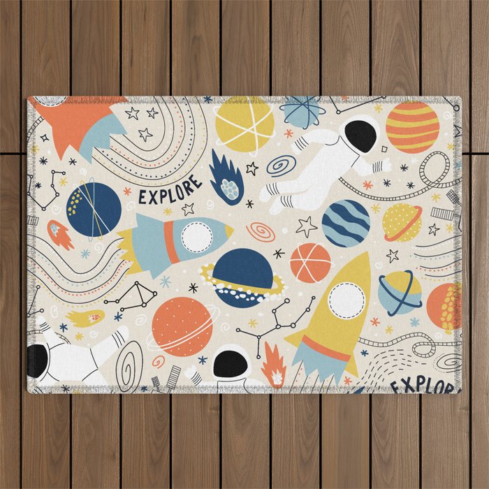 Space Planets Astronaut Pattern Outdoor Rug Gallery Image 1