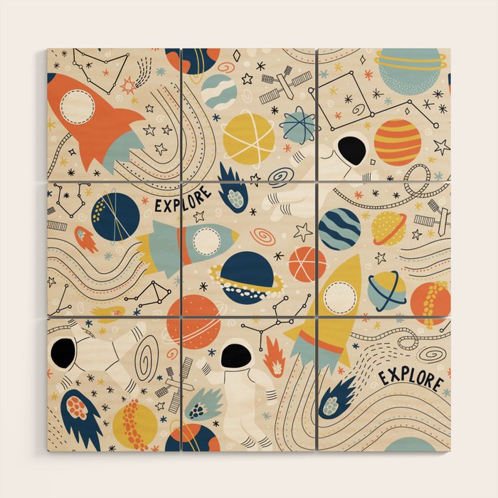 Space Planets Astronaut Pattern Wood Wall Art Gallery Image 1
