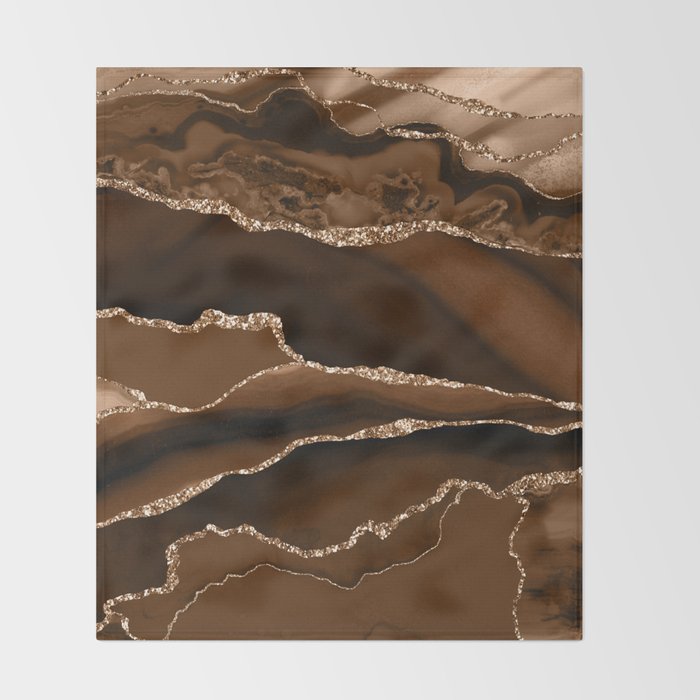 Brown Gold Agate Geode Abstract Art Marble Pattern Chocolate Coffee Throw Blanket Gallery Image 2