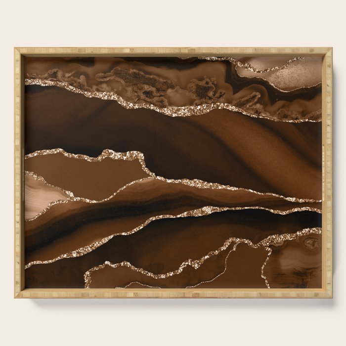 Brown Gold Agate Geode Abstract Art Marble Pattern Chocolate Coffee Serving Tray Gallery Image 1