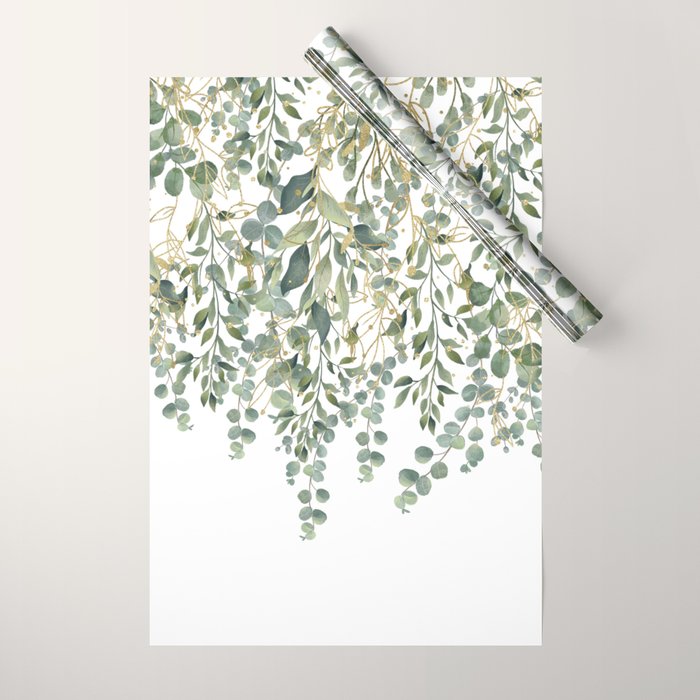 Gold And Green Eucalyptus Leaves Wrapping Paper Gallery Image 1