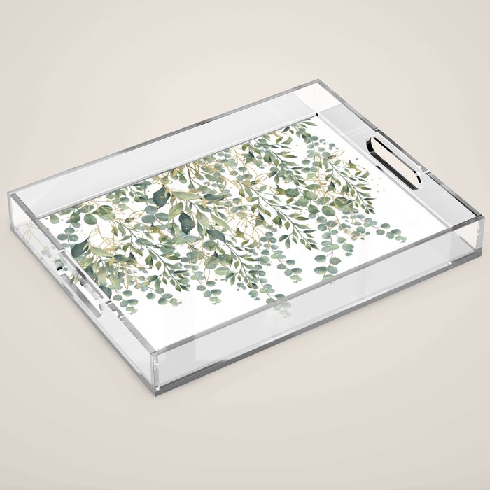 Gold And Green Eucalyptus Leaves Acrylic Tray Gallery Image 1
