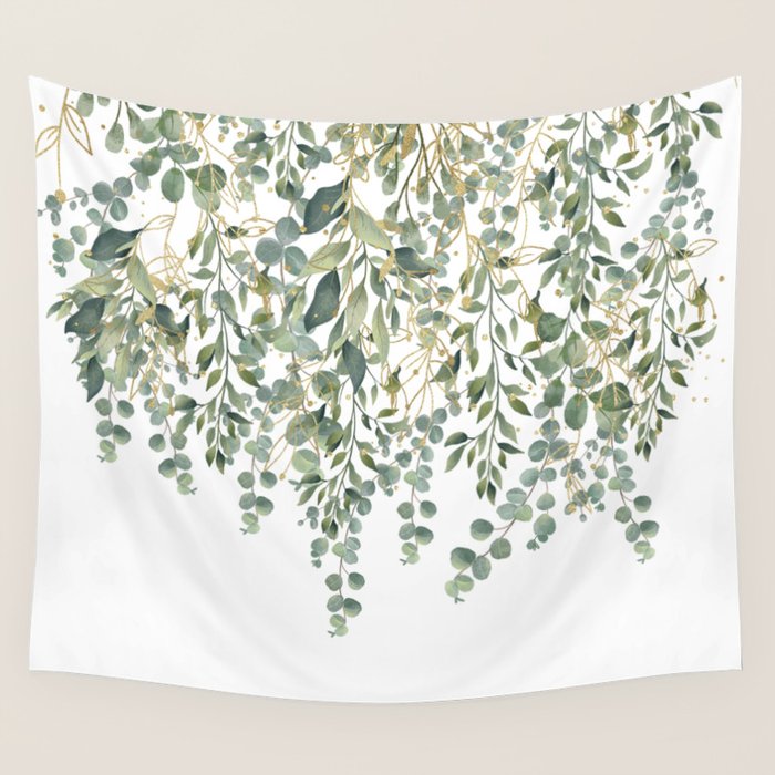 Gold And Green Eucalyptus Leaves Wall Tapestry Gallery Image 1