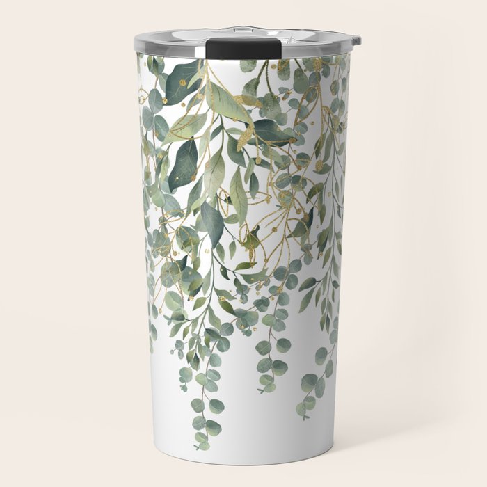 Gold And Green Eucalyptus Leaves Travel Mug Gallery Image 1