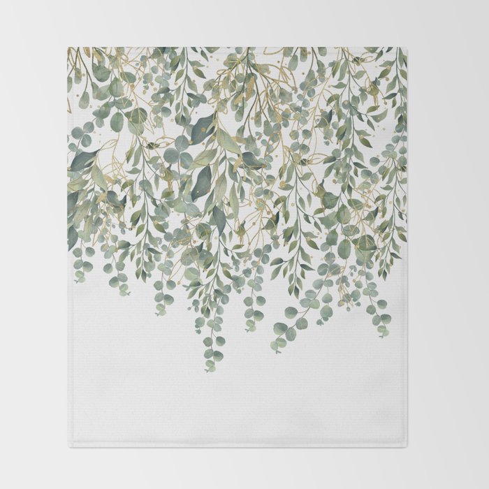 Gold And Green Eucalyptus Leaves Throw Blanket Gallery Image 2