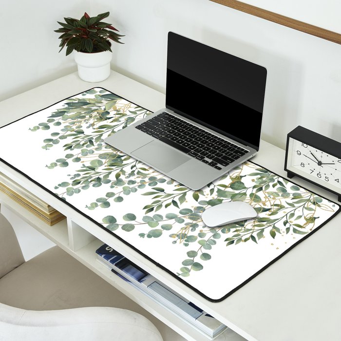 Gold And Green Eucalyptus Leaves Desk Mat Gallery Image 2