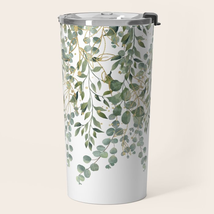 Gold And Green Eucalyptus Leaves Travel Mug Gallery Image 2