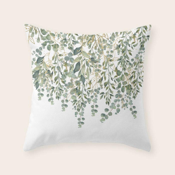 Gold And Green Eucalyptus Leaves Throw Pillow Gallery Image 6
