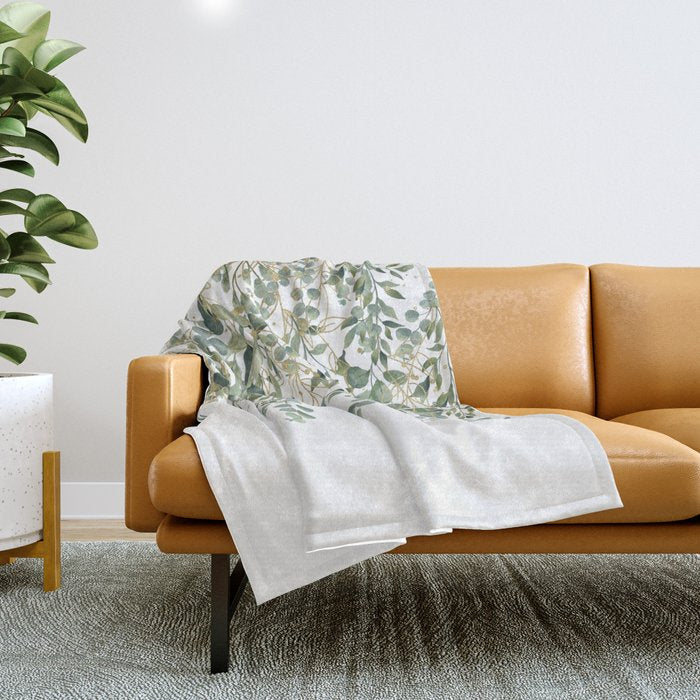 Gold And Green Eucalyptus Leaves Throw Blanket Gallery Image 1