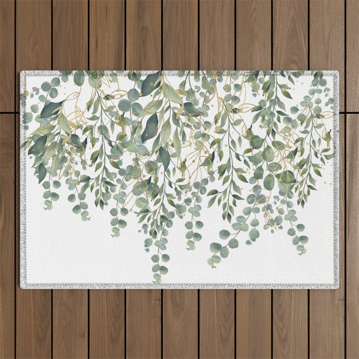 Gold And Green Eucalyptus Leaves Outdoor Rug Gallery Image 1