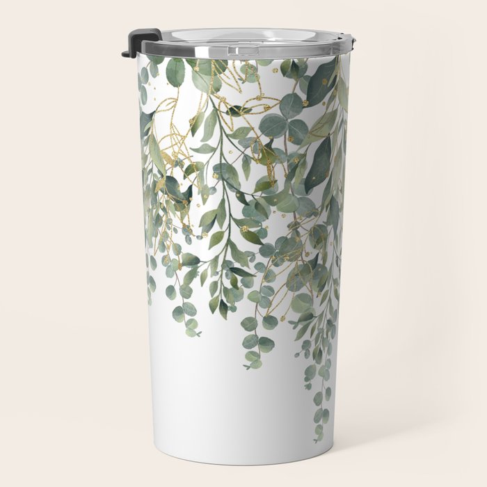 Gold And Green Eucalyptus Leaves Travel Mug Gallery Image 3