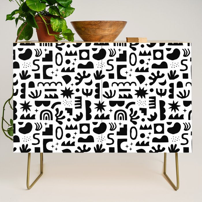 Black and white abstract organic shape pattern Credenza Gallery Image 1